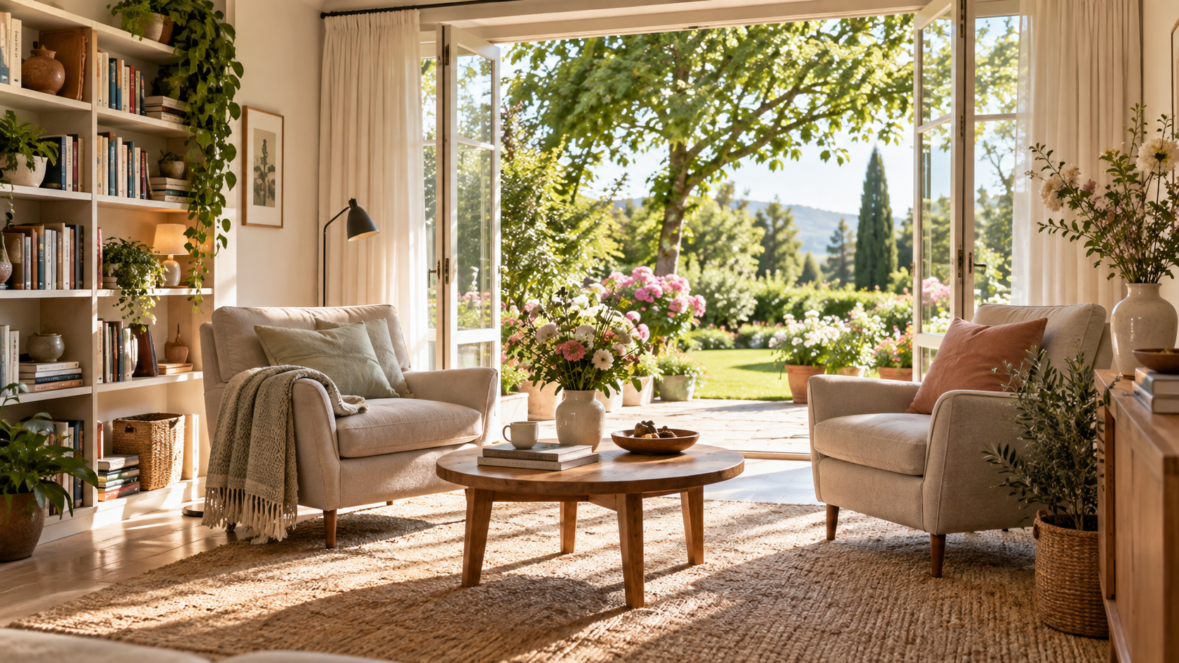Heller Wohnraum mit zwei Sesseln und offenem Gartenblick